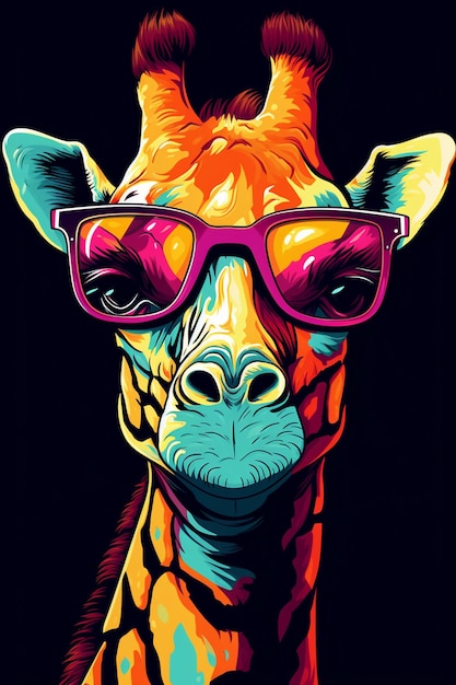 Photo portrait d'une girafe avec des lunettes de couleur brillante ai générative ai