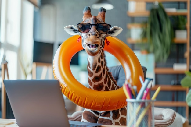 Portrait d'une girafe mignonne portant des lunettes de soleil et portant un ordinateur portable assis à un bureau dans un bureau