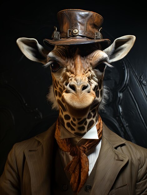 Portrait de girafe en vêtements humains en gros plan Portrait créatif d'animal sauvage sur fond abstrait Animal anthropomorphique AI génératif