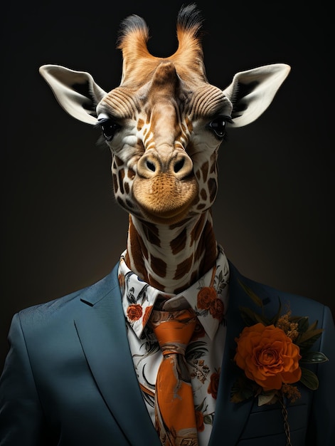 Portrait de girafe en vêtements humains en gros plan Portrait créatif d'animal sauvage sur fond abstrait Animal anthropomorphique AI génératif