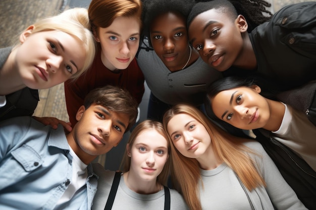 Portrait en grand angle d'un groupe d'étudiants debout dans un groupe créé avec une IA générative