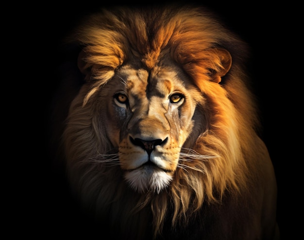 Portrait d'un grand lion sur un fond noir