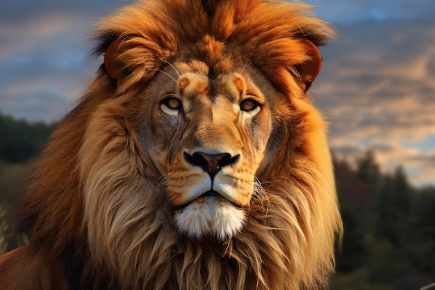 Portrait d'un grand lion mâle dans la nature au coucher du soleil