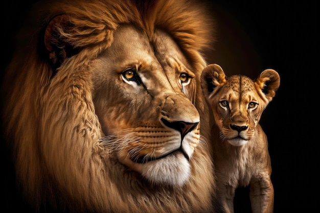 Portrait de grand lion redoutable avec petit lionceau