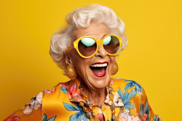 portrait d'une grand-mère âgée souriante et joyeuse dans des verres sur fond jaune