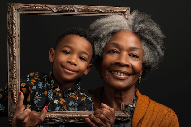 Photo portrait d'une grand-mère heureuse aux cheveux gris avec vos petits-fils