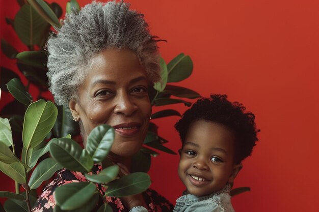 Photo portrait d'une grand-mère heureuse aux cheveux gris avec vos petits-fils