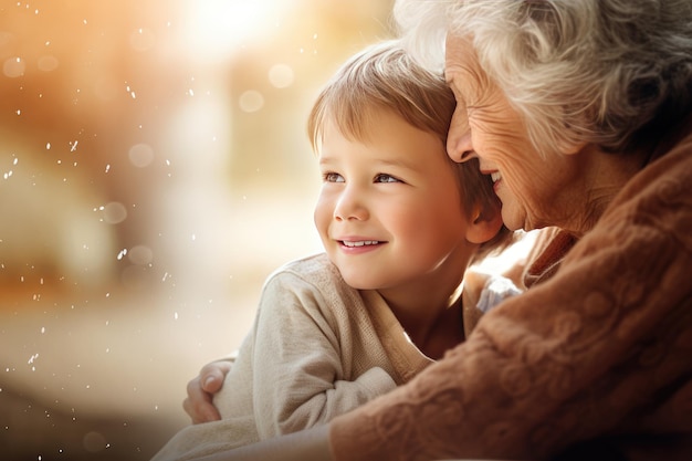 Portrait d'une grand-mère heureuse jouant avec son petit-fils