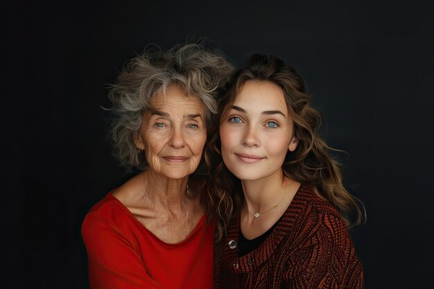 Portrait de grand-mère et de petite-fille isolés sur un fond sombre tourné en studio AI générative