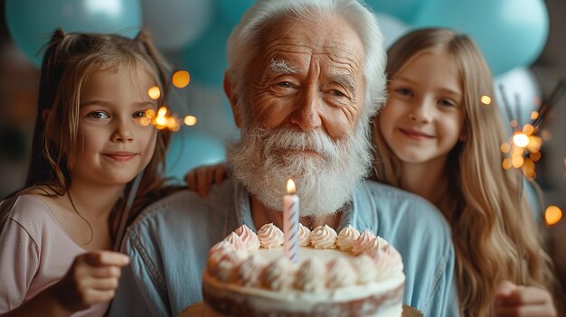 Photo portrait d'un grand-père à côté de ses petits-enfants en vacances, une grande famille blanche heureuse.