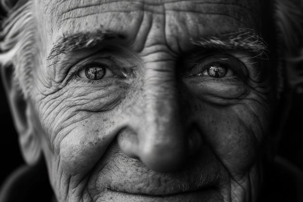 Portrait d'un grand-père d'homme plus âgé souriant avec un grand plan rapproché de son visage en noir et blanc