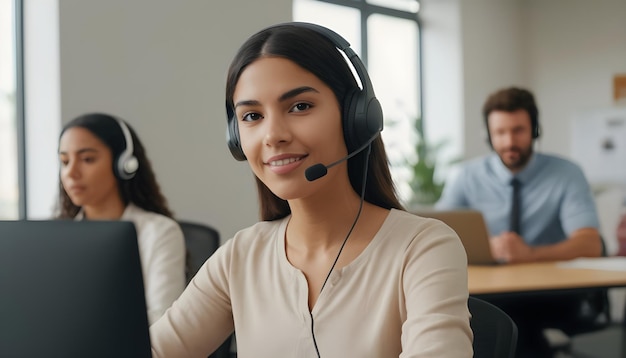 Portrait gratuit d'une jolie jeune femme latine portant un casque assise à son bureau avec co