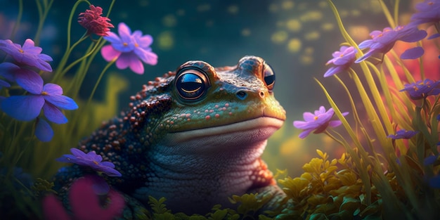 Portrait d'une grenouille avec un buisson de fleurs en arrière-plan Generative AI