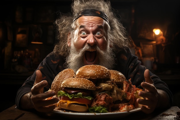 portrait d'un gros homme drôle mangeant un gros hamburger savoureux