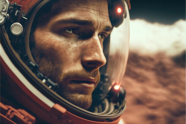 Portrait en gros plan d'un astronaute futuriste futuriste sur fond de mars