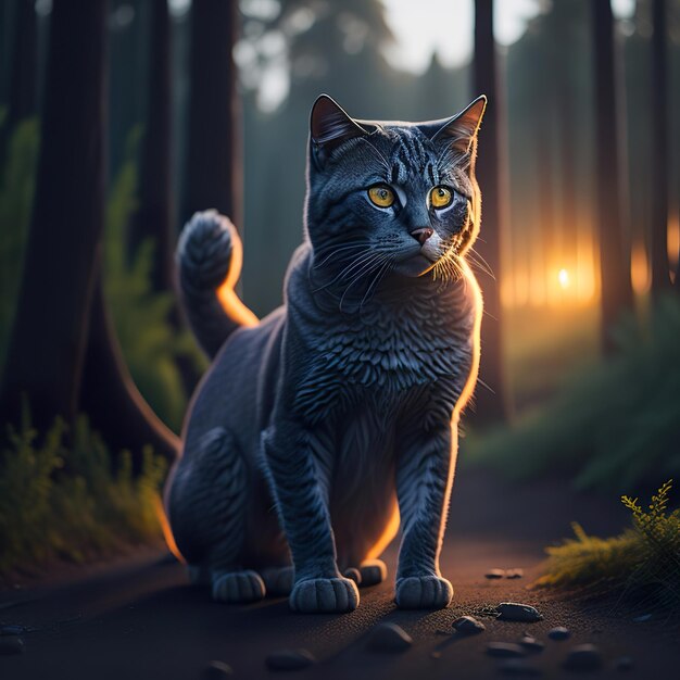 Portrait en gros plan sur un beau chat avec le fond de la forêt au coucher du soleil