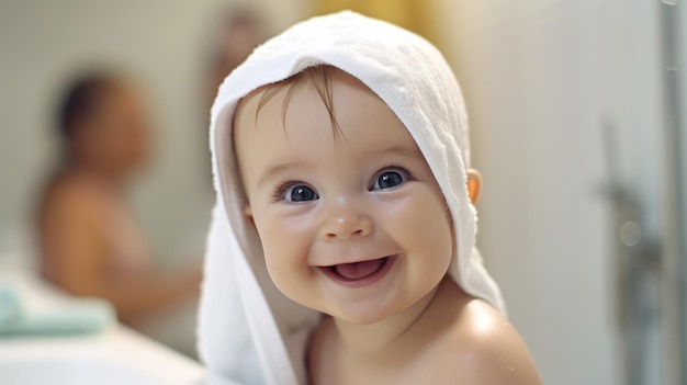 Portrait en gros plan d'un bébé mignon essayant de se laver dans la salle de bain après des soins d'hygiène sains