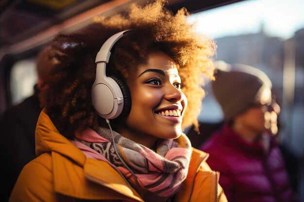 Photo un portrait en gros plan d'une belle adolescente afro-américaine appréciant la musique avec des écouteurs sur l'oreille dans un train