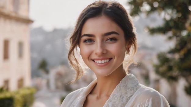 Portrait en gros plan d'une belle dame avec un maquillage naturel souriant et regardant joyeux à la caméra