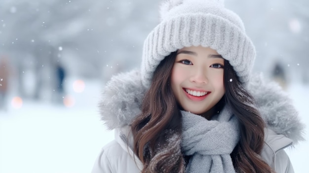 Photo portrait en gros plan d'une belle femme asiatique en vêtements d'hiver