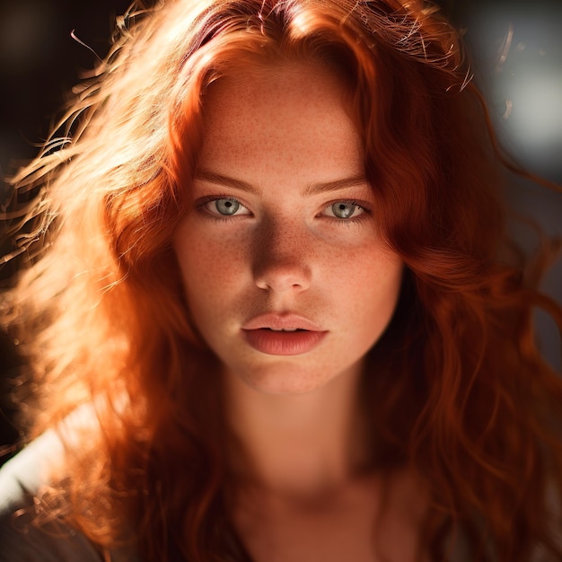 Portrait en gros plan d'une belle femme aux cheveux roux photographiée à la lumière du soleil