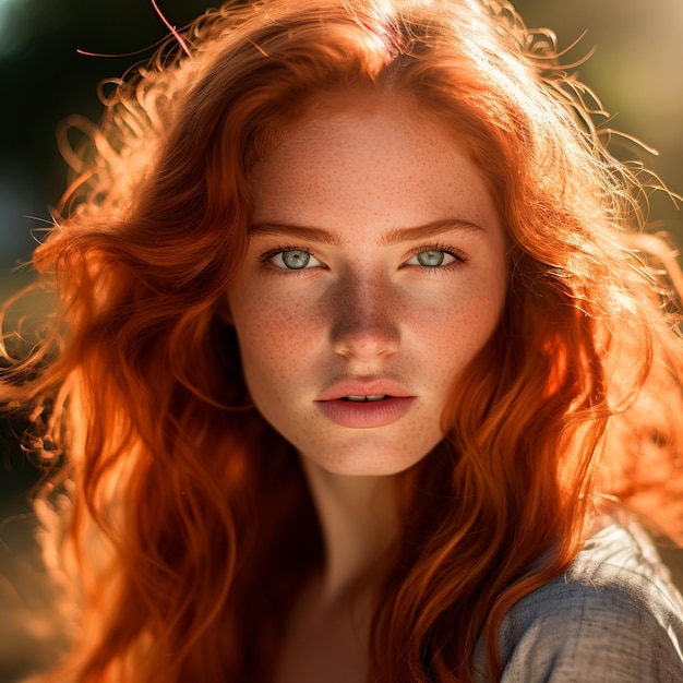 Portrait en gros plan d'une belle femme aux cheveux roux photographiée à la lumière du soleil