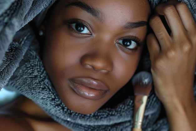 Portrait en gros plan d'une belle femme noire en train de se maquiller