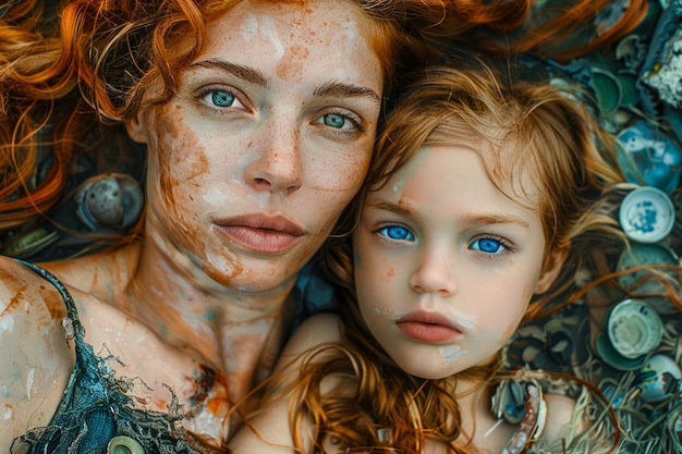 Portrait en gros plan d'une belle femme rousse aux taches de rousseur et d'une jeune fille aux yeux bleus vifs