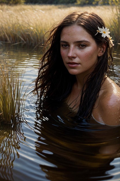 portrait en gros plan d'une belle femme se baignant dans une rivière