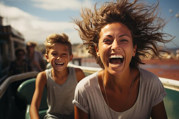 Portrait en gros plan d'une belle femme et de son fils sur une balade dans un parc d'attractions Une mère et un garçon souriants et joyeux se détendent et profitent du temps Les loisirs et les divertissements partagés renforcent les liens familiaux