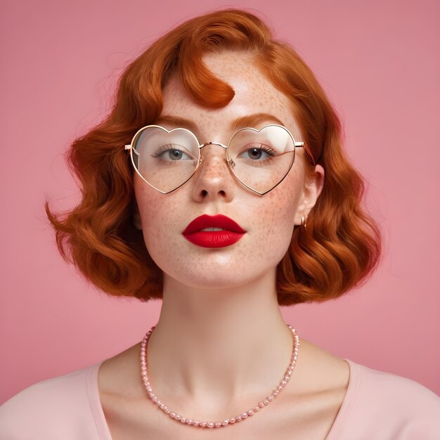 portrait en gros plan d'une belle fille aux cheveux roux dans des lunettes en forme de cœur