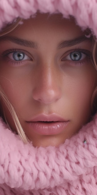 Portrait en gros plan d'une belle fille dans un manteau de fourrure rose