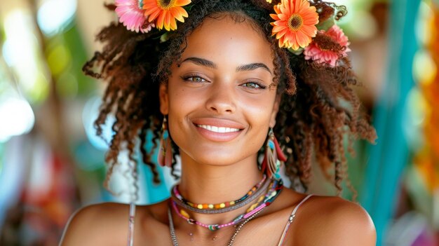 Portrait en gros plan d'une belle jeune femme afro-américaine avec des fleurs dans les cheveux