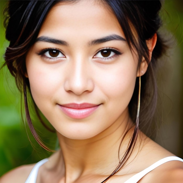 Photo portrait en gros plan d'une belle jeune femme asiatique souriante à l'extérieur