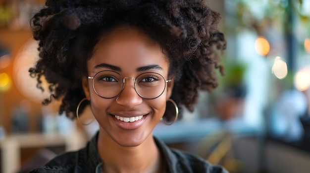 Portrait en gros plan d'une belle jeune femme aux cheveux bouclés et aux lunettes souriantes