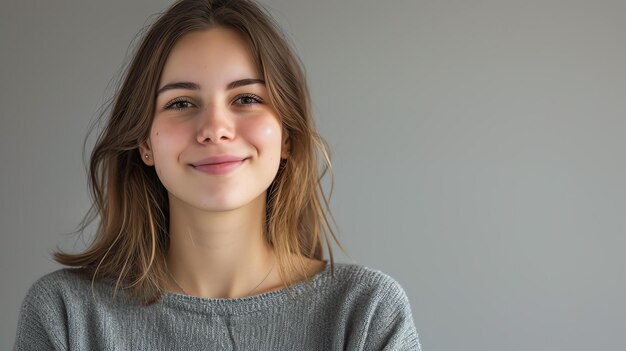 Portrait en gros plan d'une belle jeune femme aux longs cheveux bruns et au maquillage léger. Elle porte un pull gris et a un sourire doux sur le visage.