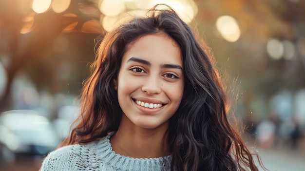 Portrait en gros plan d'une belle jeune femme aux longs cheveux bruns et un sourire chaleureux Elle porte un pull blanc et a un aspect naturel doux