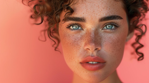 Portrait en gros plan d'une belle jeune femme aux taches de rousseur et aux yeux bleus. Elle a un sourire doux sur le visage et regarde la caméra.