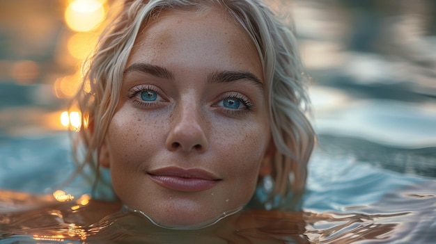 Portrait en gros plan d'une belle jeune femme blonde aux yeux bleus dans une piscine au coucher du soleil