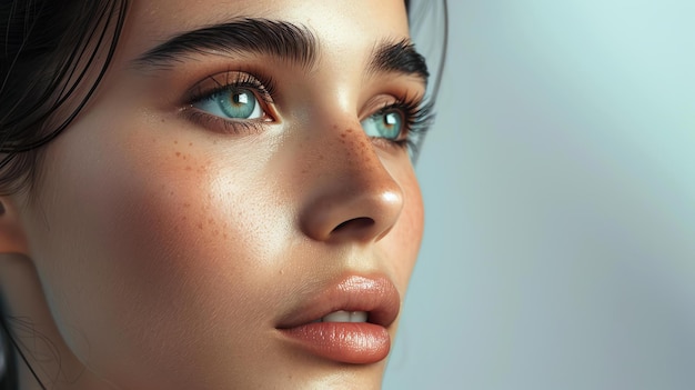 Portrait en gros plan d'une belle jeune femme à la peau impeccable, aux yeux bleus et aux cheveux noirs.