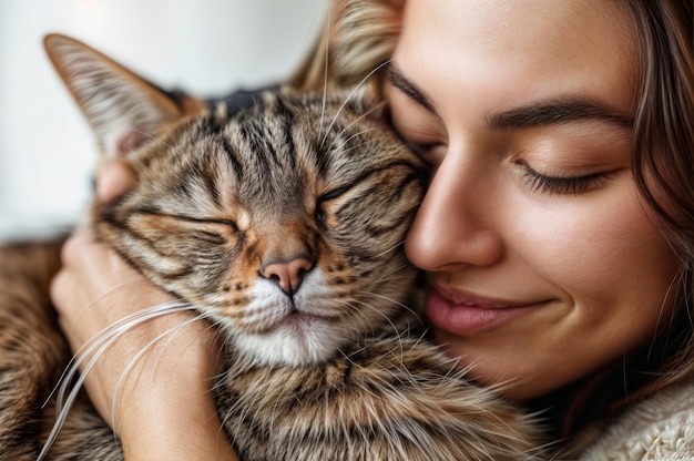 Portrait en gros plan d'une belle jeune femme avec son chat à la maison