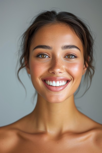 Portrait en gros plan d'une belle jeune femme souriante aux dents parfaitement blanches et à la peau impeccable