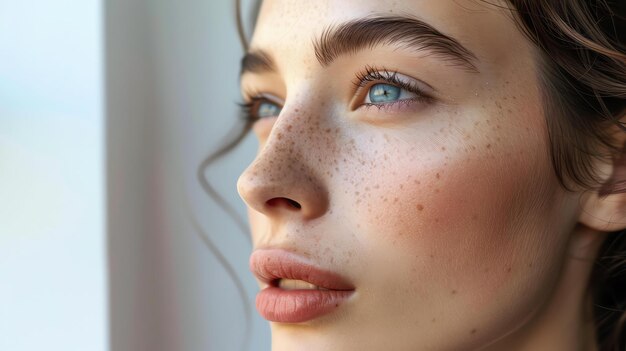 Portrait en gros plan d'une belle jeune femme avec des taches de rousseur sur le visage Elle a des yeux bleu clair et ses cheveux sont coiffés en vagues lâches