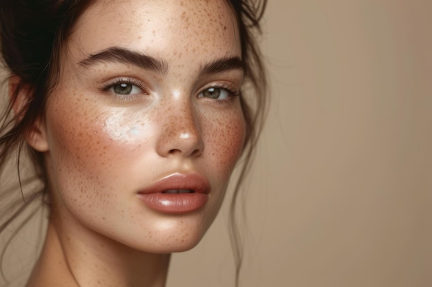 Portrait en gros plan d'une belle jeune femme avec des taches de rousseur sur le visage