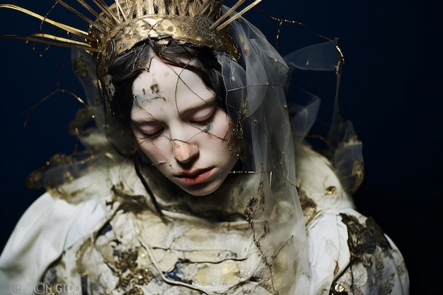 Photo portrait en gros plan d'une belle sainte vierge marie avec une couronne dorée