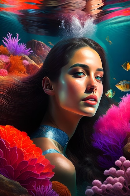 Portrait en gros plan d'une belle sirène sous l'eau nageant avec des poissons