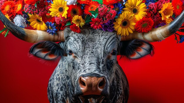 Photo portrait en gros plan d'une belle vache avec une couronne de fleurs colorées sur la tête la vache regarde la caméra avec une expression calme
