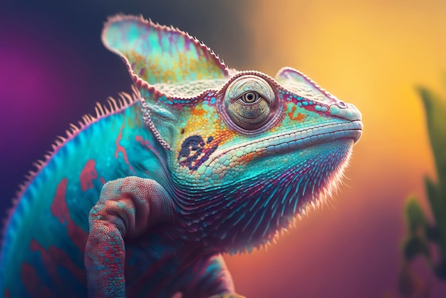 Portrait en gros plan d'un caméléon à la peau exotique brillante dans des couleurs colorées Illustration de l'IA générative