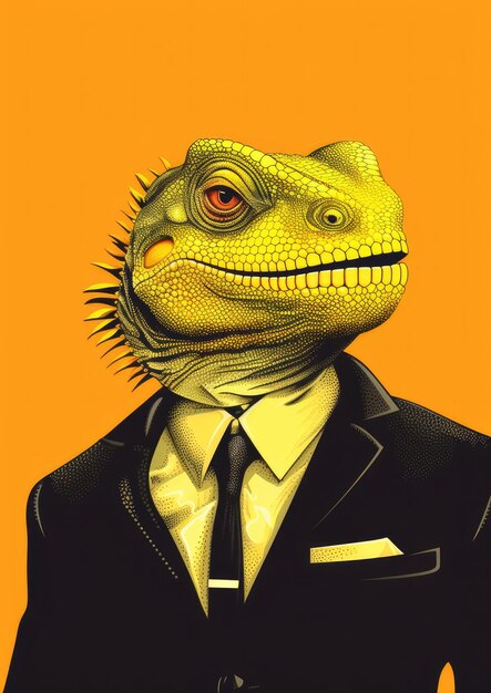 Portrait en gros plan d'un caméléon souriant avec de belles dents blanches portant un costume noir foncé Generative Ai