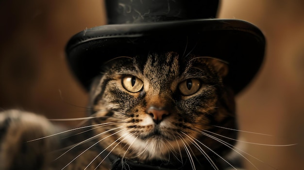 Photo un portrait en gros plan d'un chat portant un chapeau haut le chat regarde la caméra avec une expression curieuse